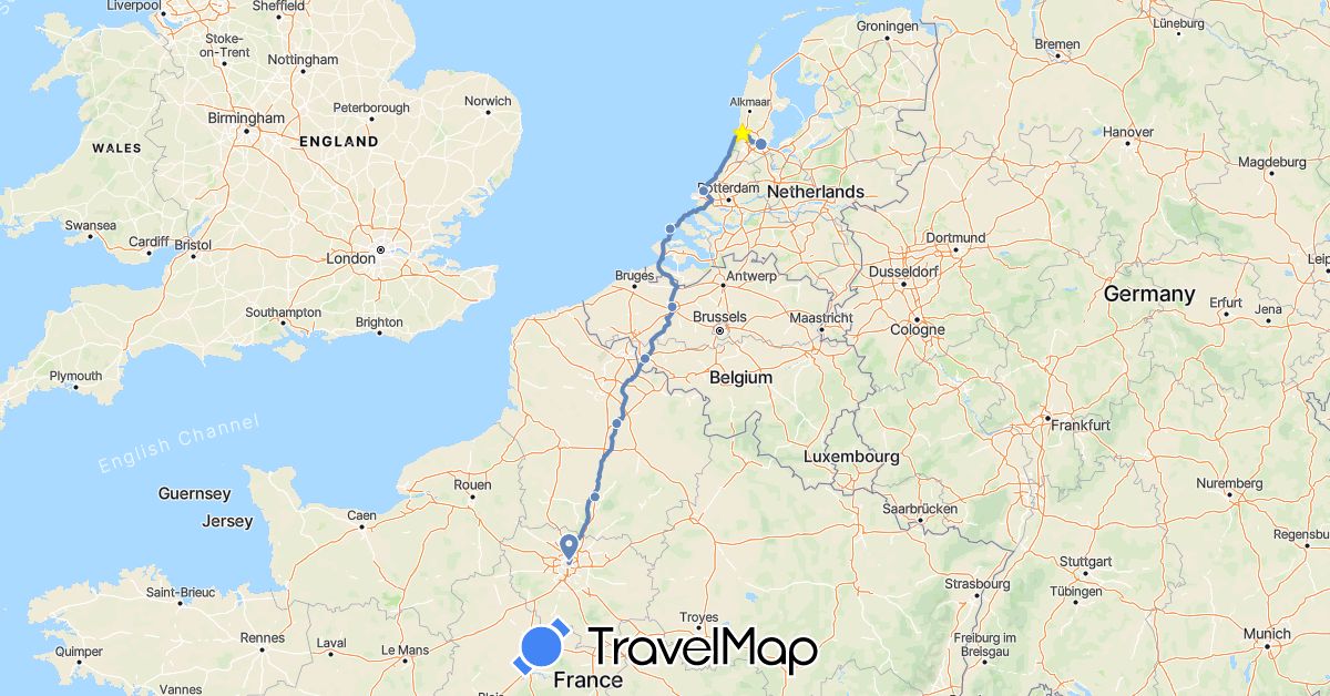 TravelMap itinerary: cycling in Belgium, France, Netherlands (Europe)