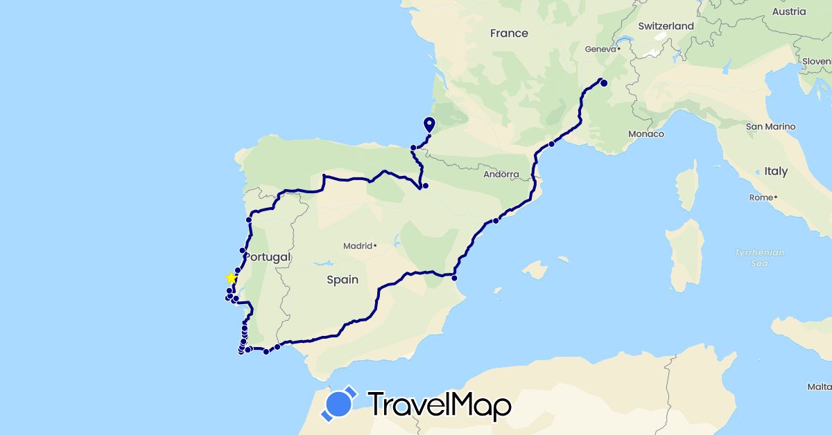 TravelMap itinerary: driving in Spain, France, Portugal (Europe)
