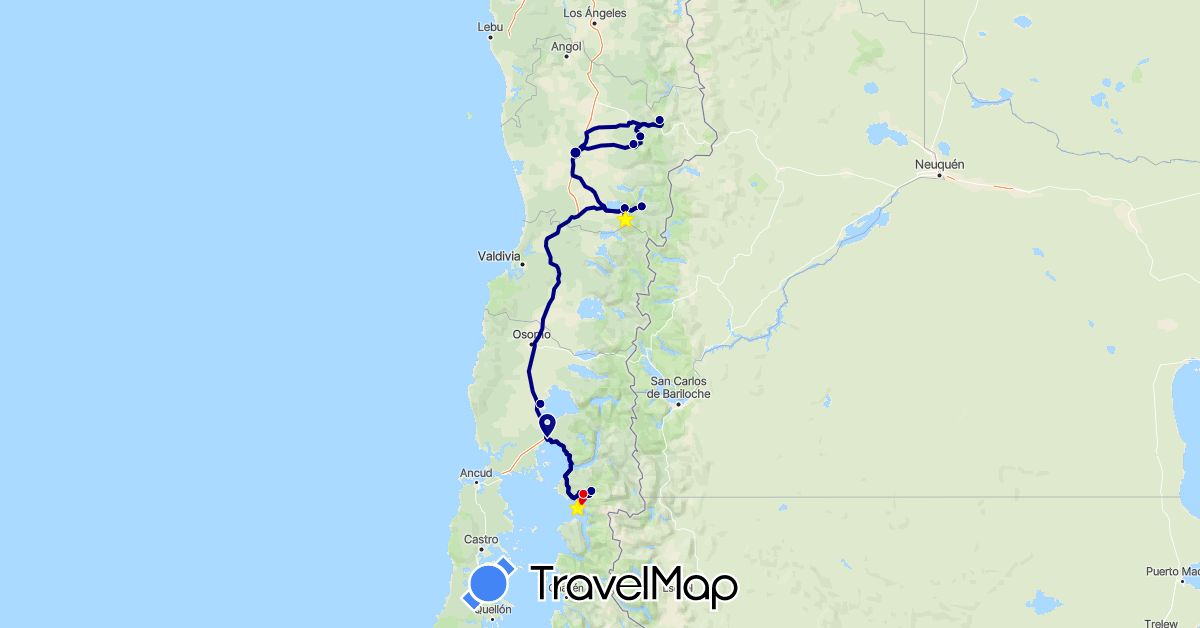 TravelMap itinerary: driving, kayak in Chile (South America)